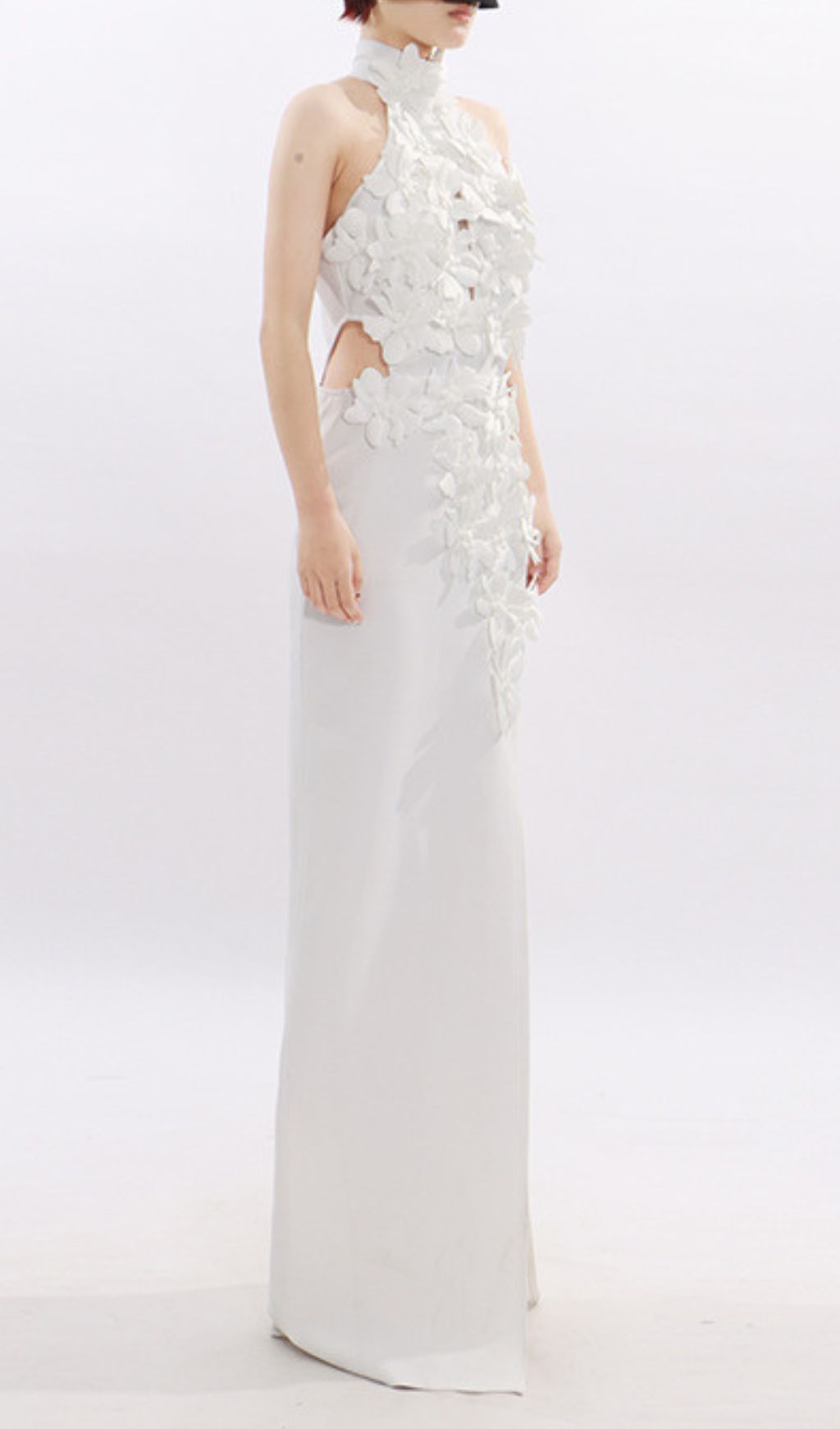 Jezel White 3D Floral Halter Maxi Dress - Elegant Wedding Guest & Gala Gown
