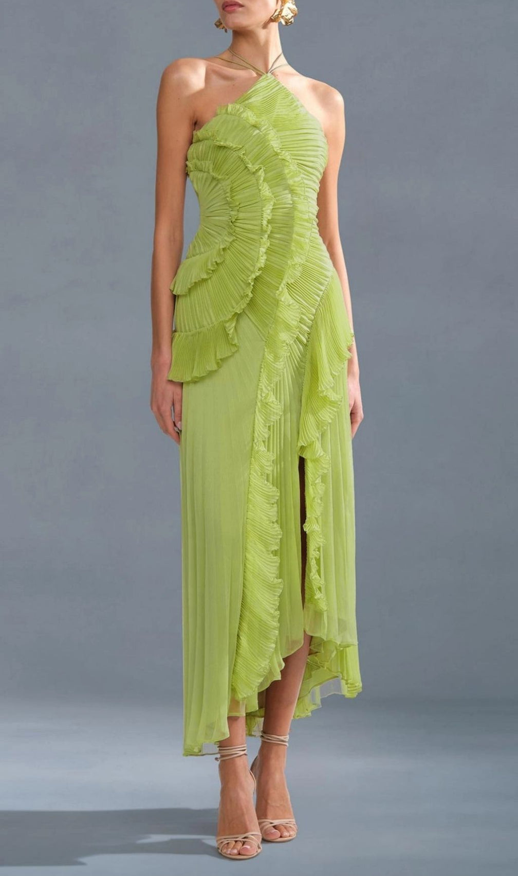 Finneas Matcha Green Halter Pleated Ruffle Maxi Dress - Elegant Resort & Event Gown