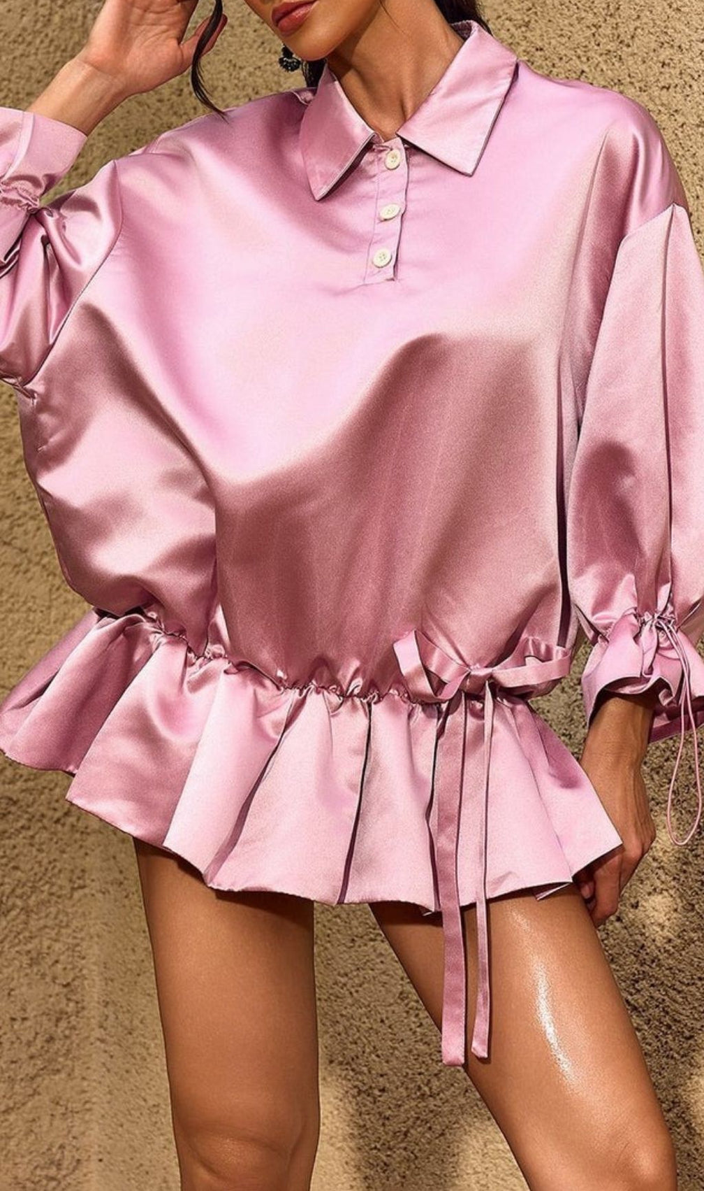 Chardon Luxe Satin Long Sleeve Mini Dress with Adjustable Ruffle Hem