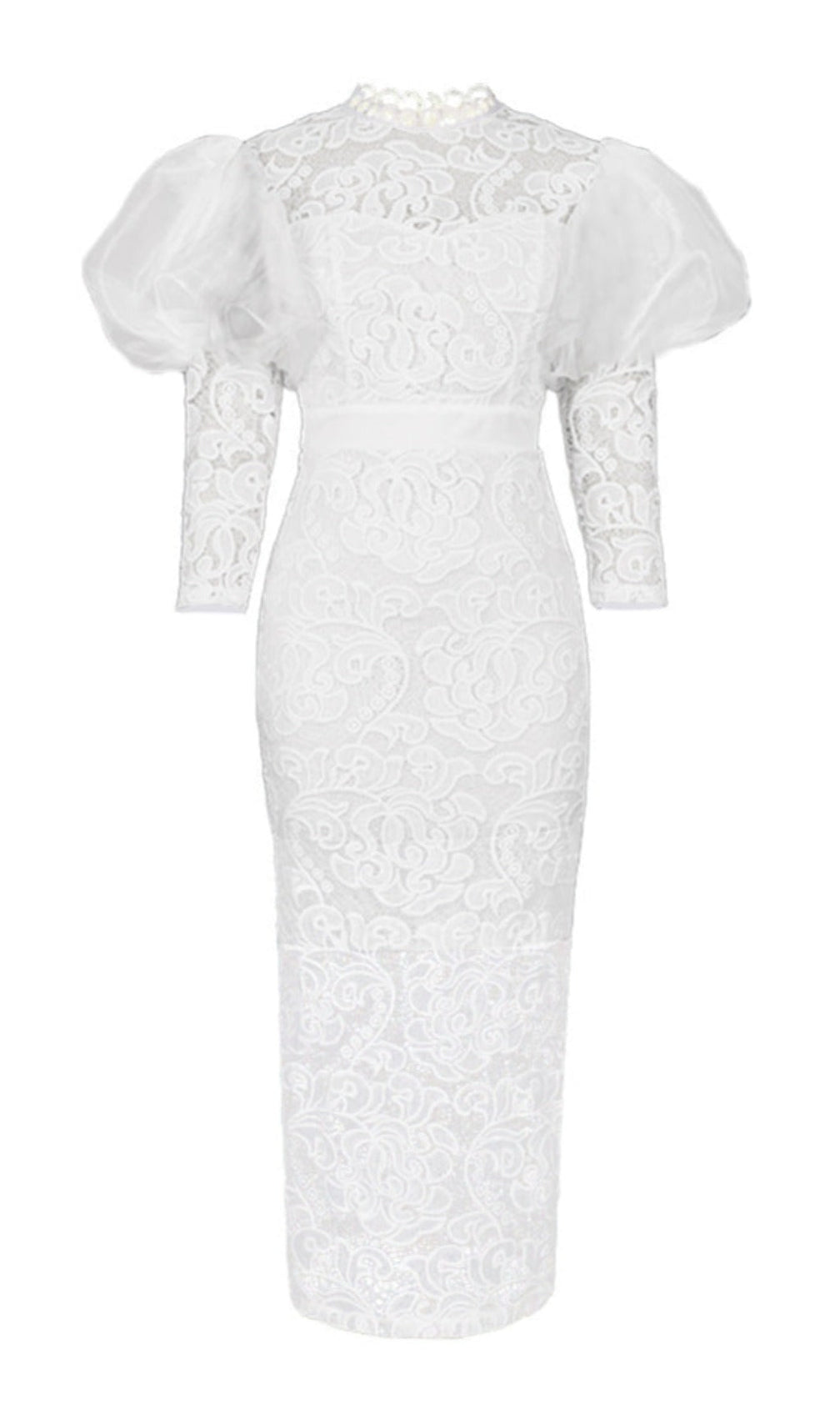 Aithne White Puff Sleeve Lace Midi Dress