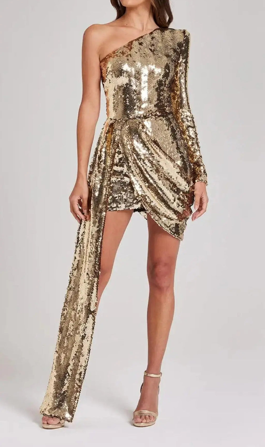 Sequins One Shoulder Mini Dress In Gold
