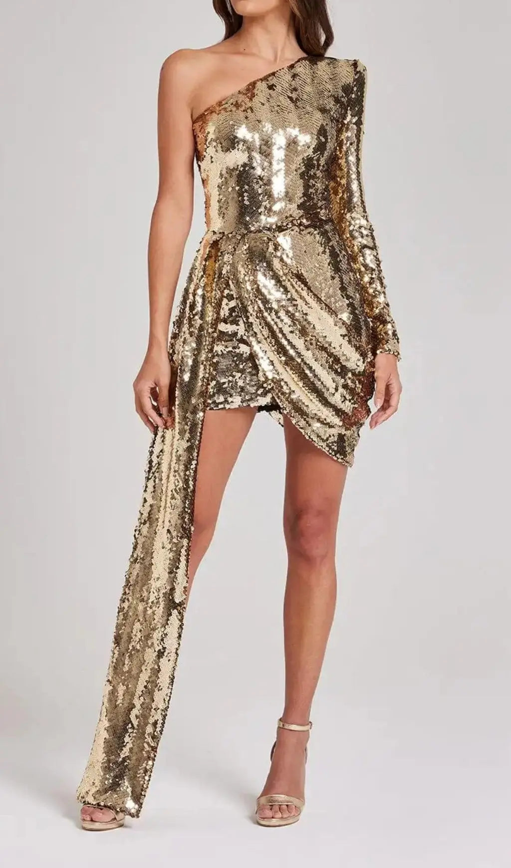 Sequins One Shoulder Mini Dress In Gold