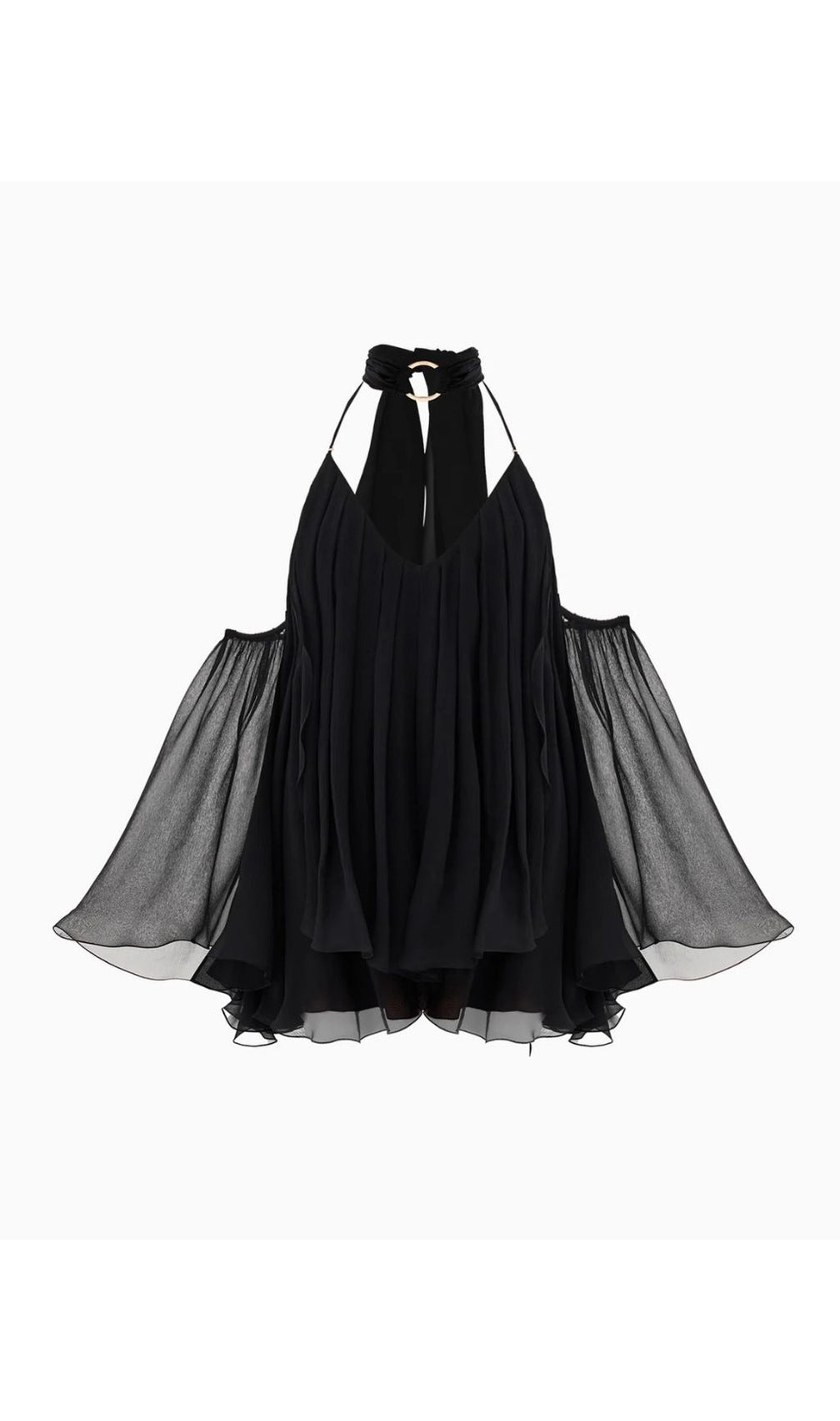 Karyn Black Halter Mini Dress - Open Back, Sheer Sleeves & Ruffle Hem