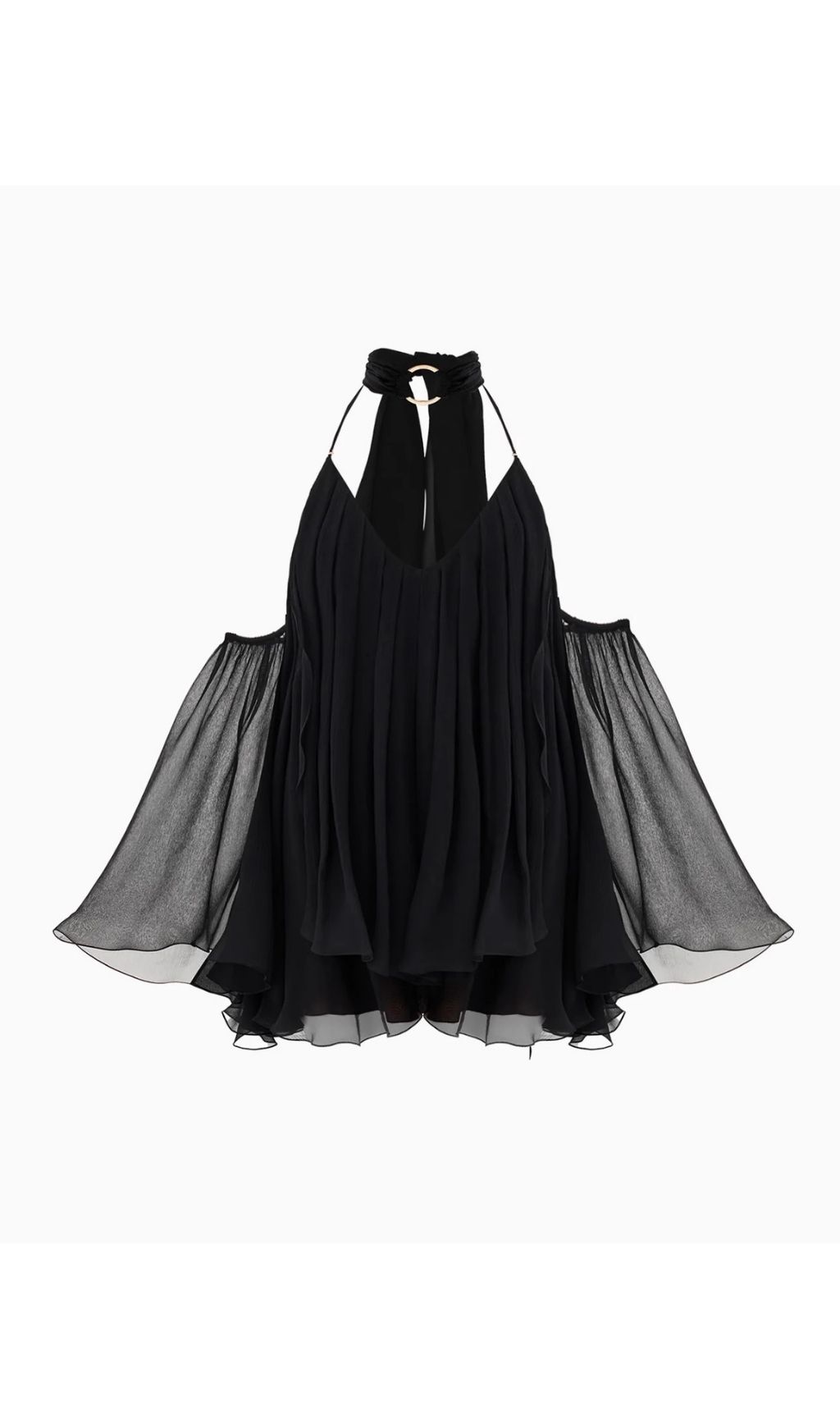 Karyn Black Halter Mini Dress - Open Back, Sheer Sleeves & Ruffle Hem