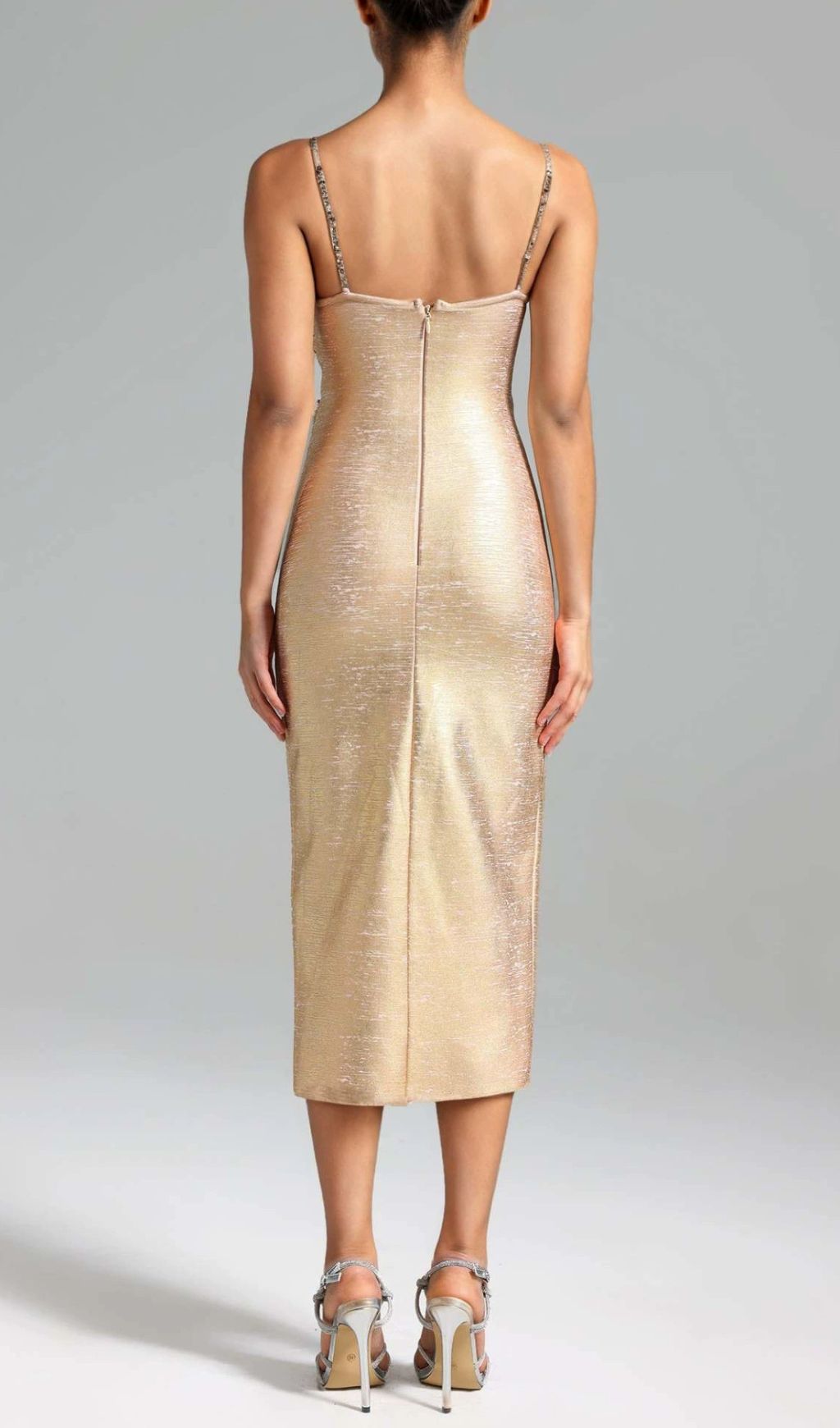 Ivie Gold Shimmer Cutout Embellished Midi Dress - Glamorous Party & Cocktail