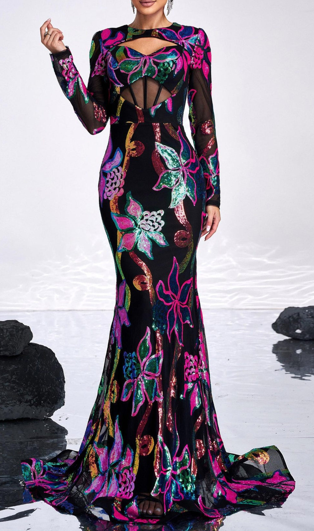 Carman Long Sleeve Flower Sequin Gown