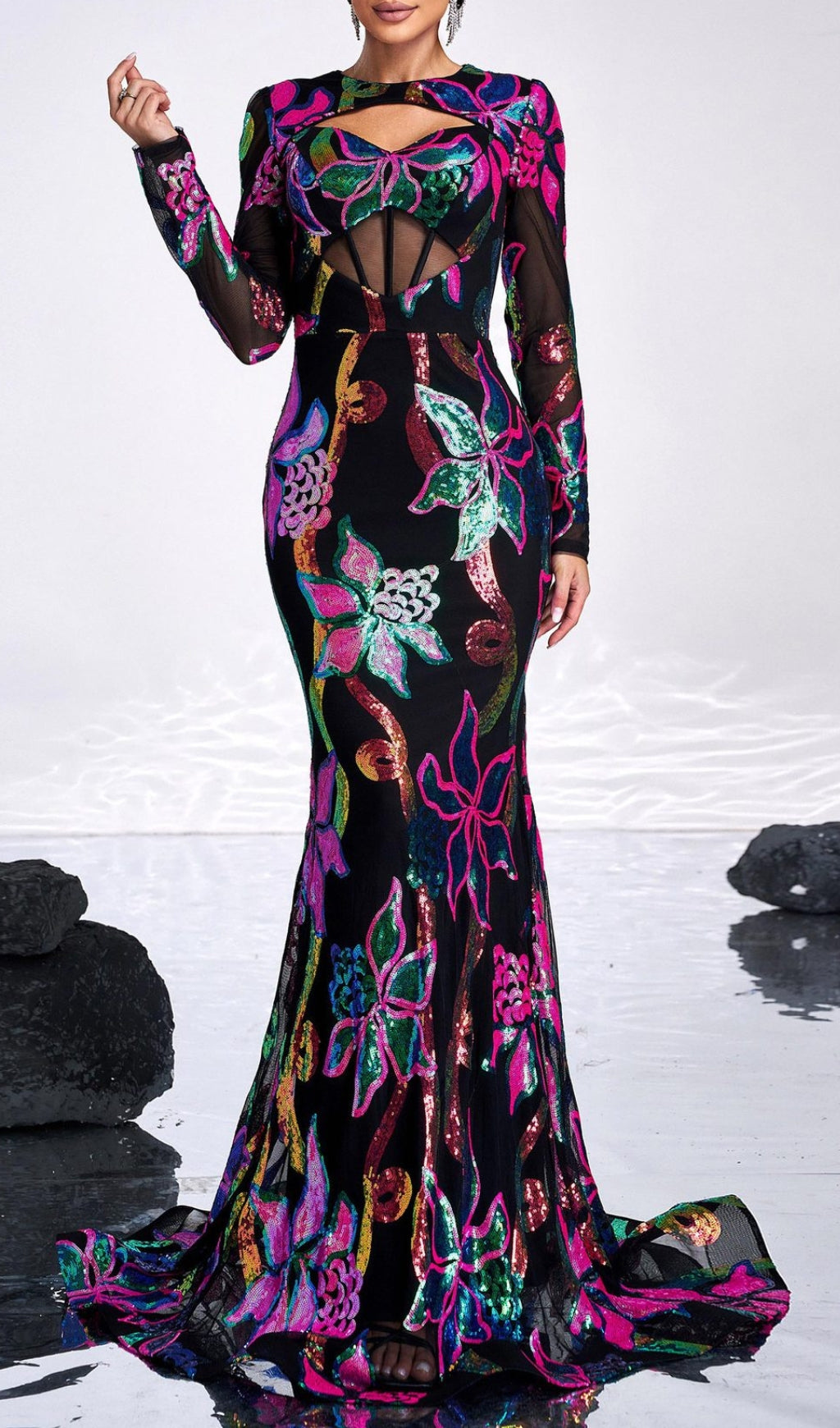 Carman Long Sleeve Flower Sequin Gown