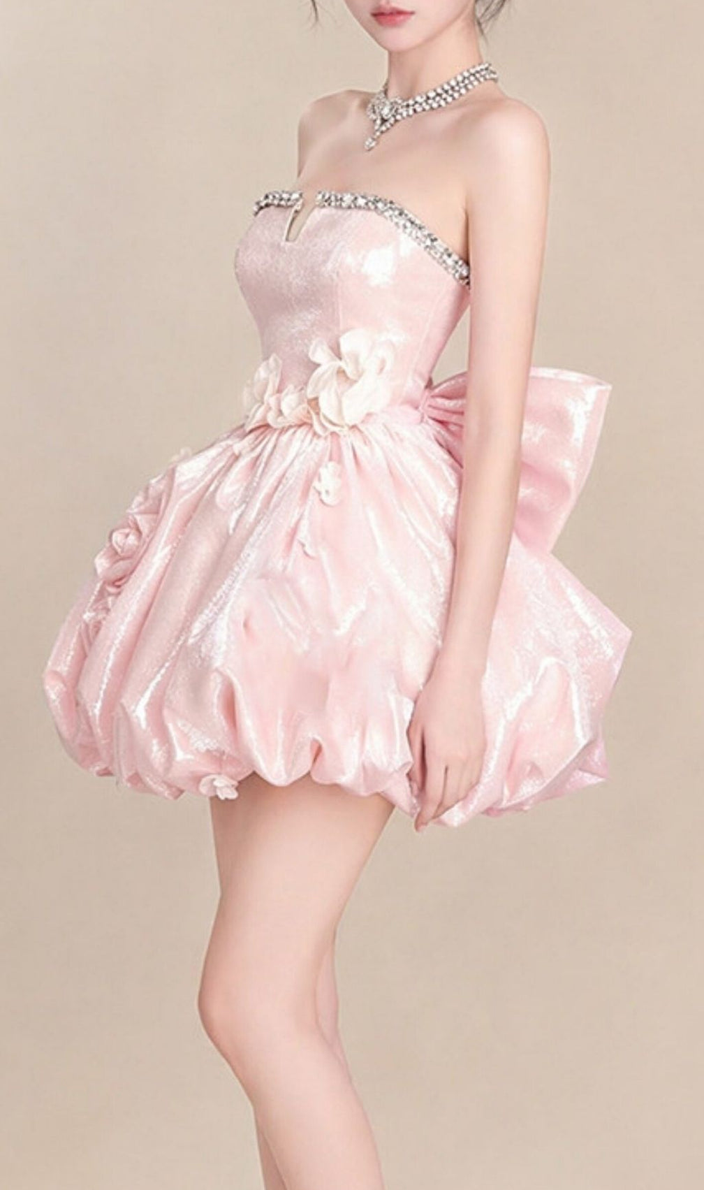 Krishika Pink Strapless Flower Bow Mini Dress