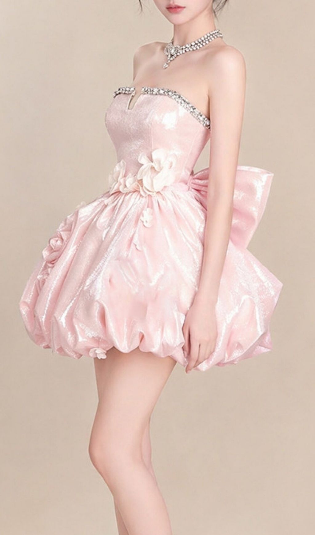 Krishika Pink Strapless Flower Bow Mini Dress