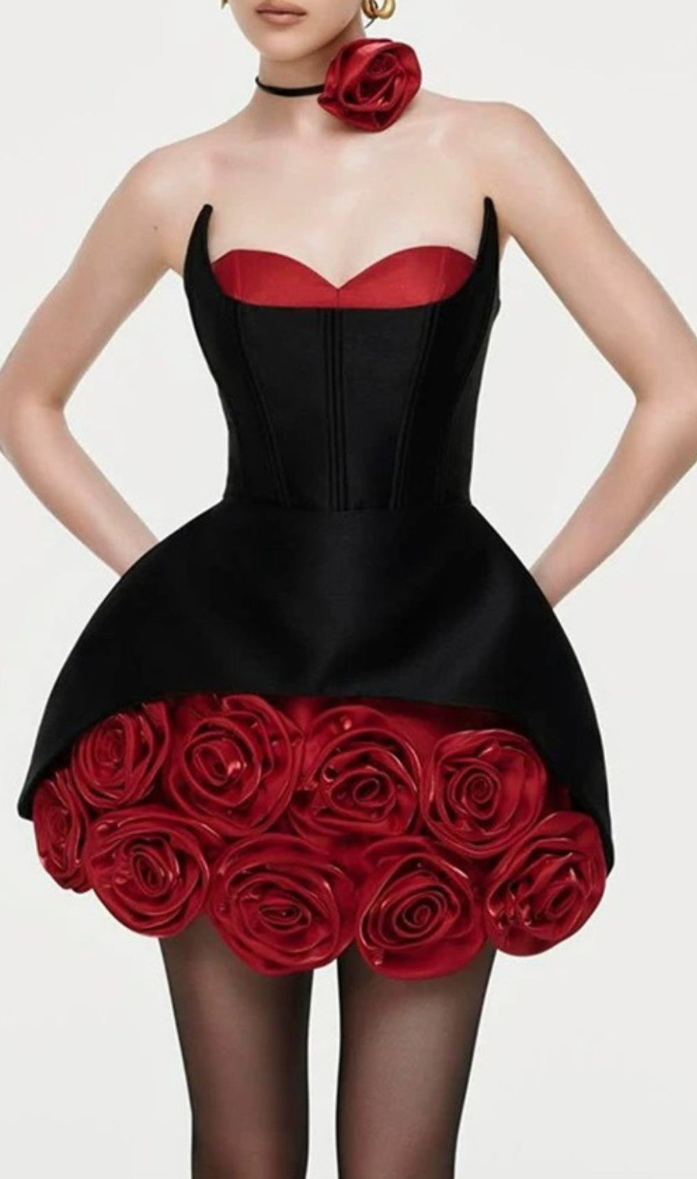 Ildiko Black Strapless Corset Mini Dress with Red Roses | Fierce & Elegant