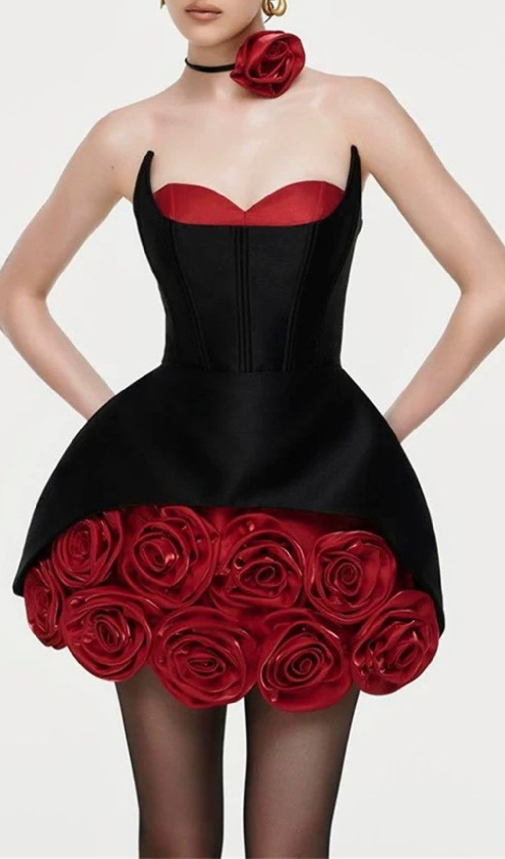 Ildiko Black Strapless Corset Mini Dress with Red Roses | Fierce & Elegant