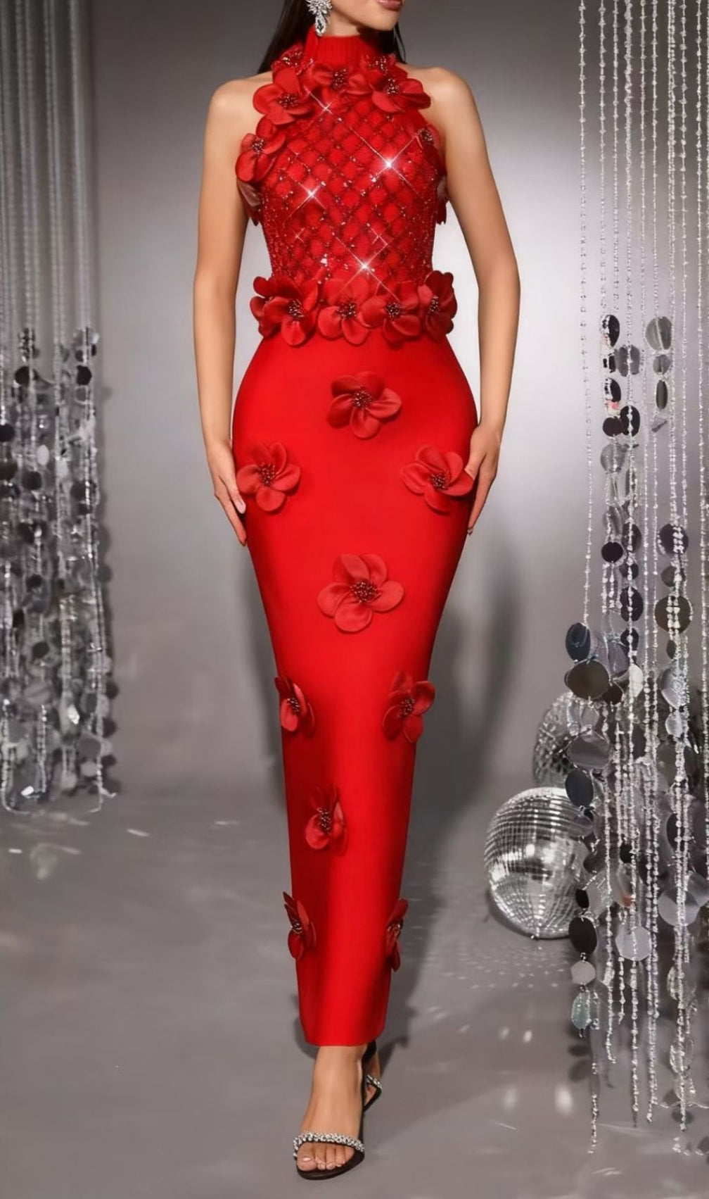 Kendi Red Halter Sequin & 3D Floral Bandage Maxi Dress - Gala & Event Gown