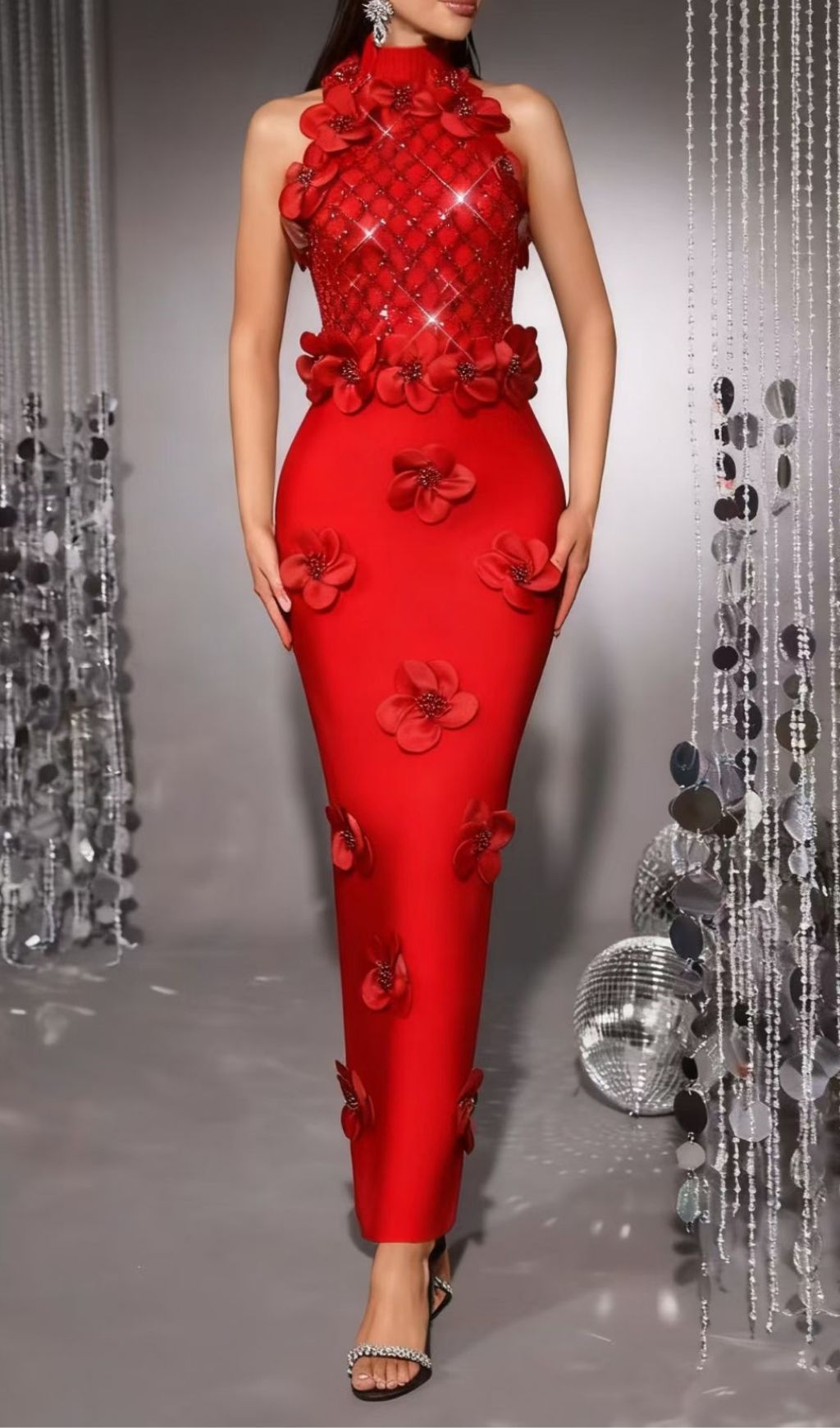 Kendi Red Halter Sequin & 3D Floral Bandage Maxi Dress - Gala & Event Gown