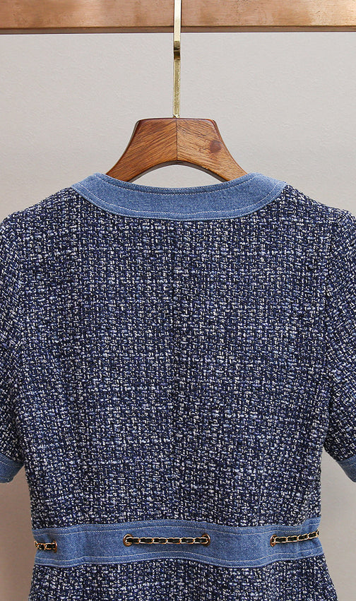 Chic Tweed & Denim Mini Dress with Gold Chain Accents | Hatsuye