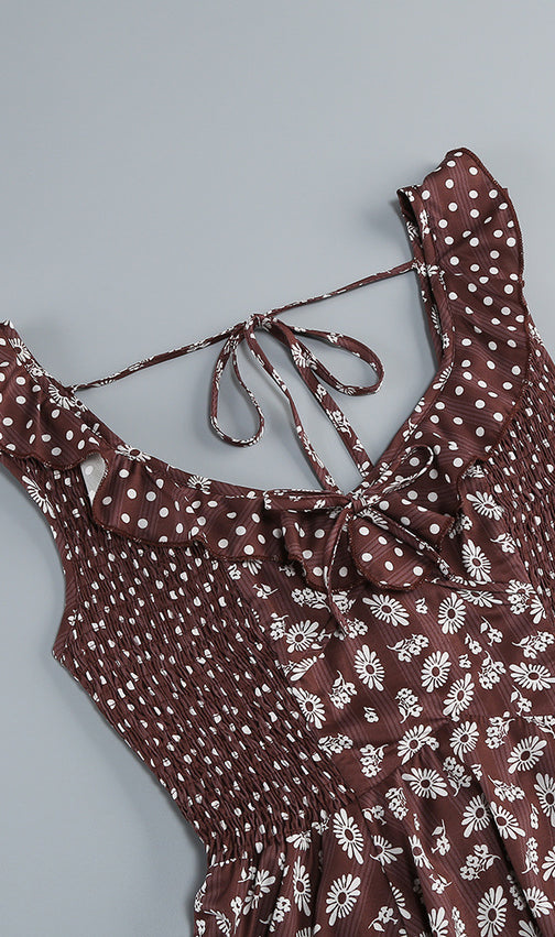 Jalena Coffee Floral Mini Dress - Bohemian Chic Ruffle Sundress for Women