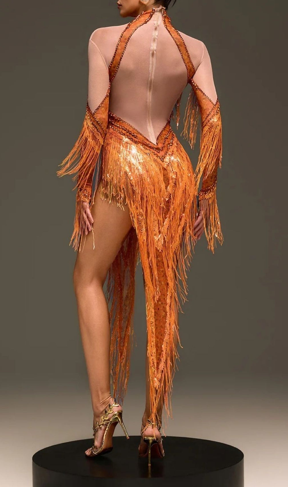 Ervanel Dazzling Fringe Sequin Gown with High Slit | Statement Party Dress