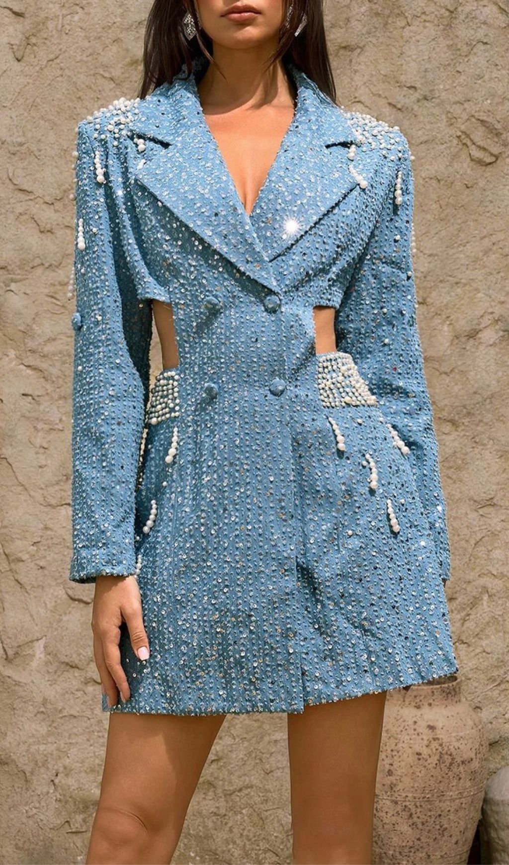 Dharinija Dazzling Pearl & Sequin Cutout Denim Blazer Dress