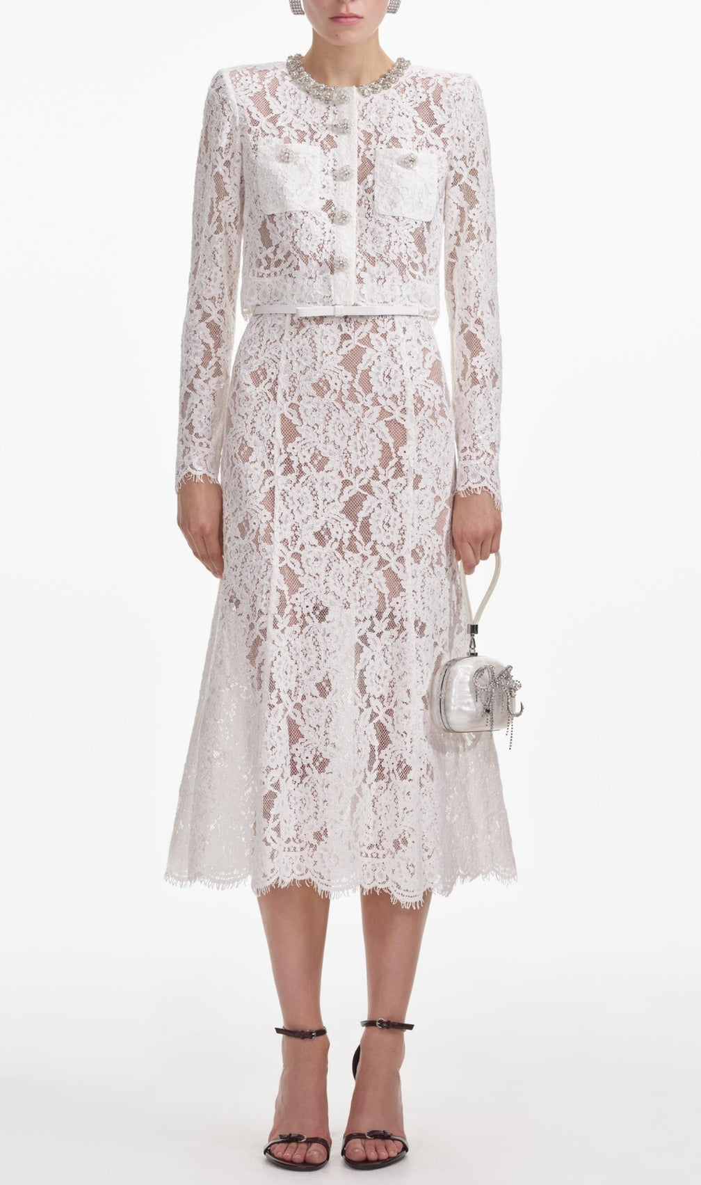 White Lace Embellished Top & Midi Skirt