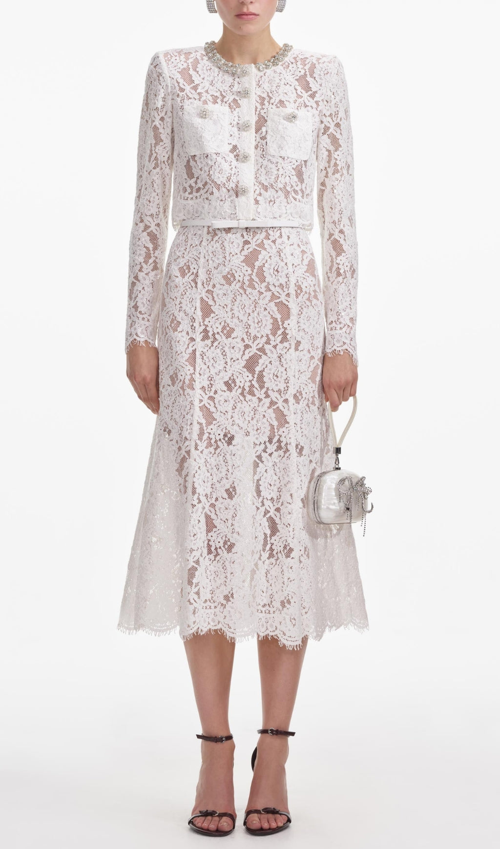 White Lace Embellished Top & Midi Skirt