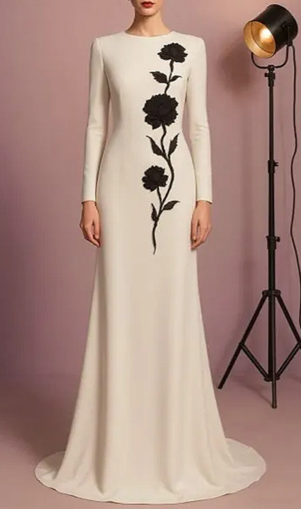 Gagenia White Flower Embellished Long Sleeve Gown