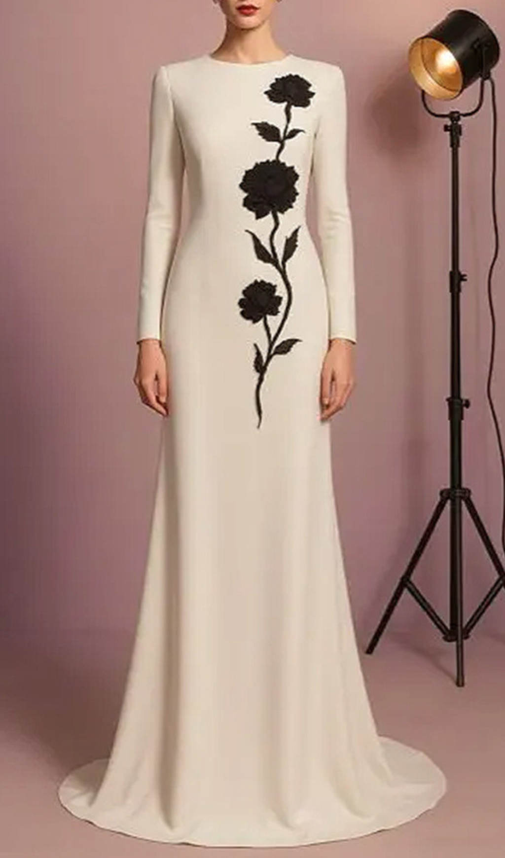 Gagenia White Flower Embellished Long Sleeve Gown