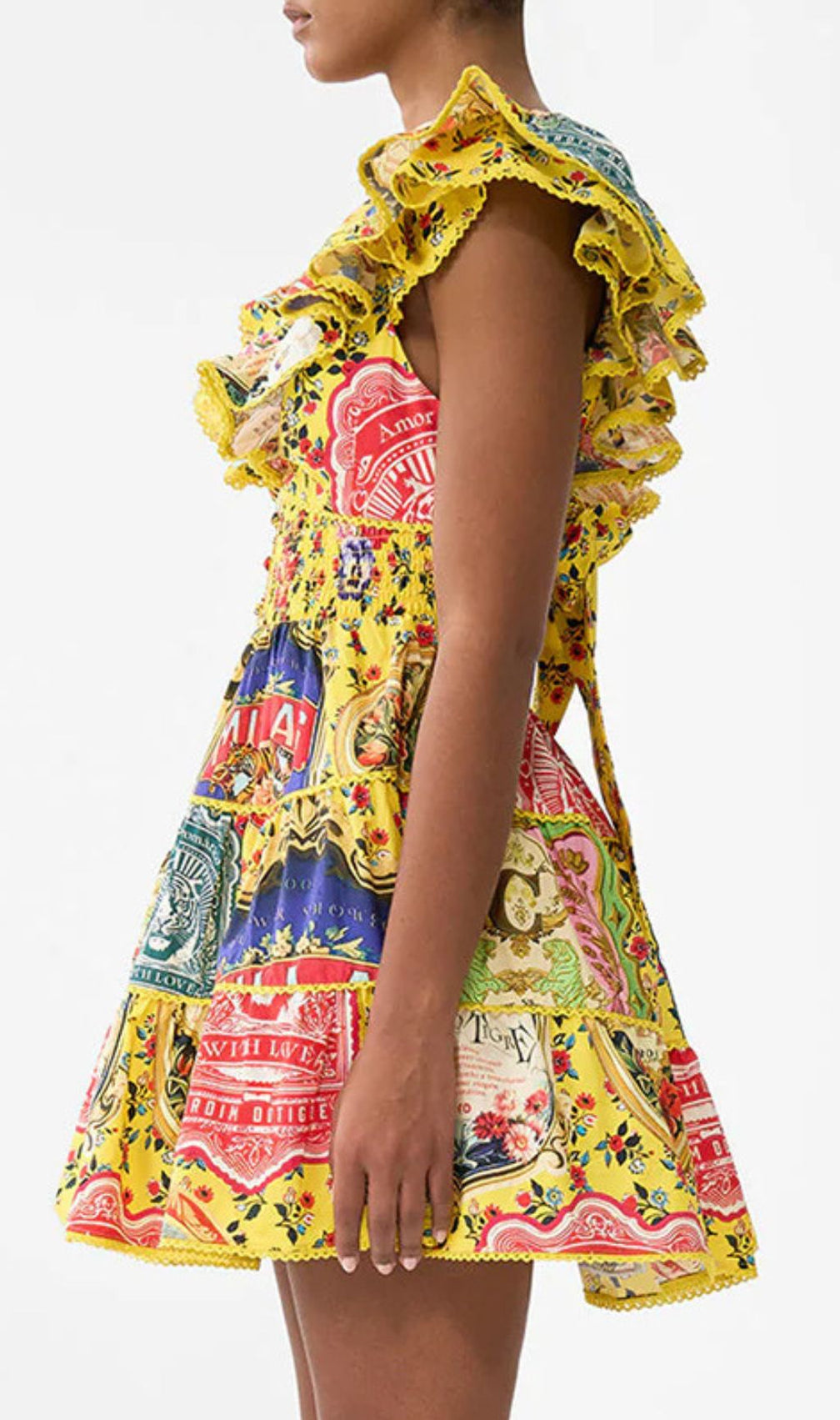 Gelsey Yellow Printed V-Neck Mini Dress