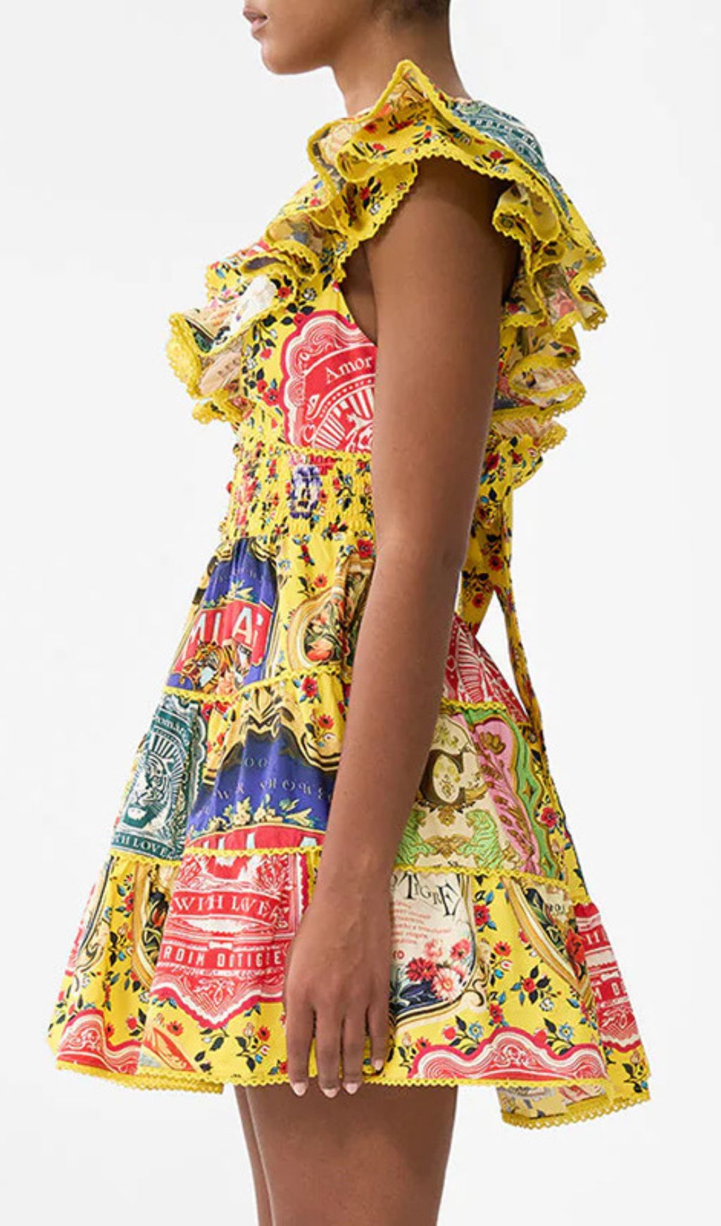 Gelsey Yellow Printed V-Neck Mini Dress