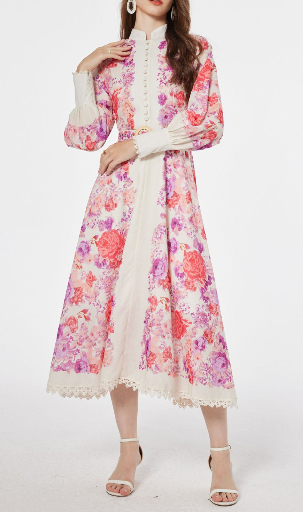 Jarl Elegant Pink Floral Long Sleeve Midi Dress | Vintage Chic