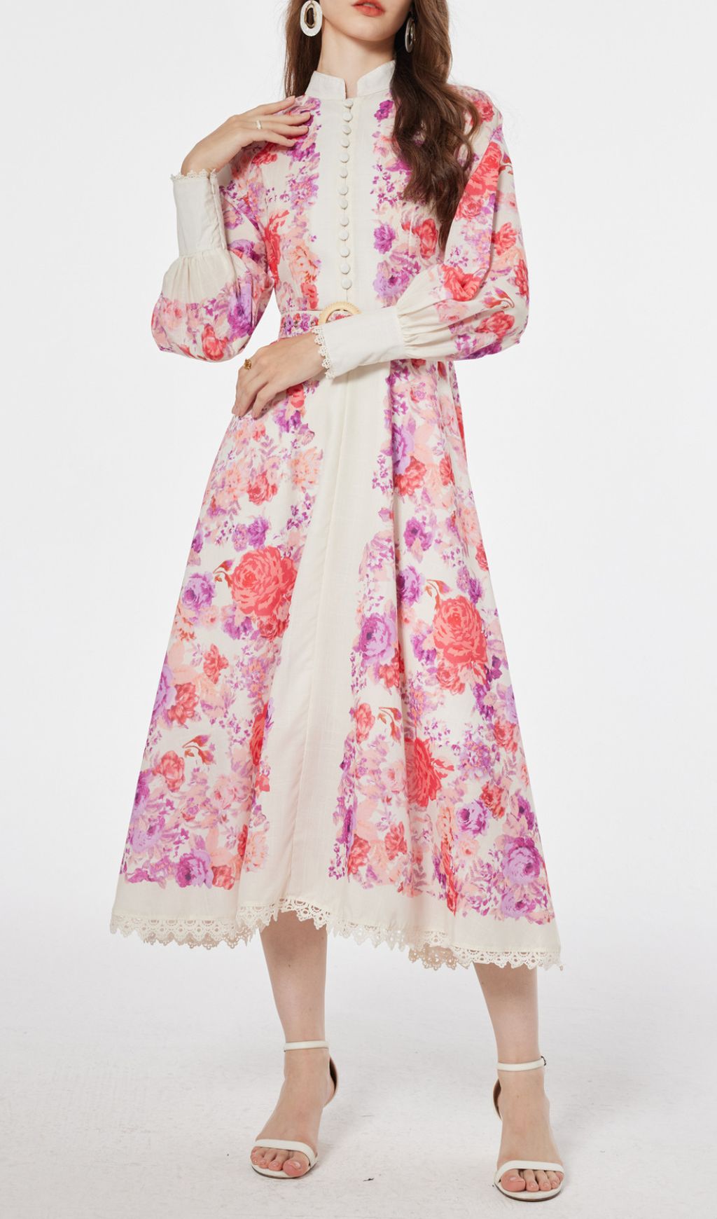 Jarl Elegant Pink Floral Long Sleeve Midi Dress | Vintage Chic