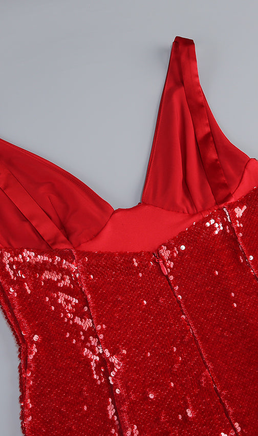 Jin Red Sequin Maxi Dress | Glamorous Deep V-Neck Gown