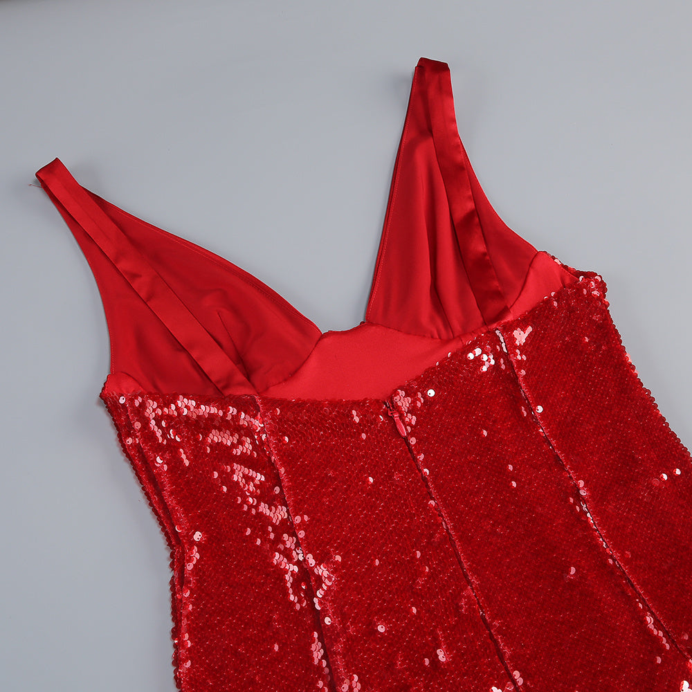 Jin Red Sequin Maxi Dress | Glamorous Deep V-Neck Gown