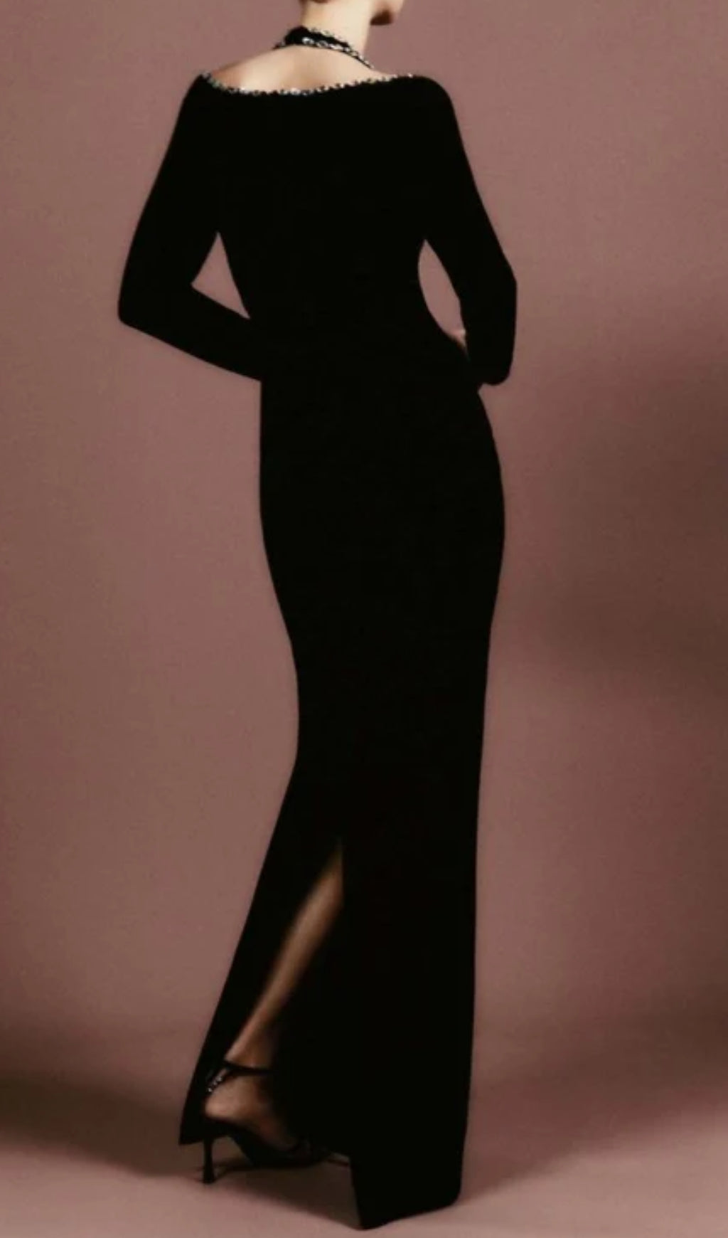 Brienda Black Long Sleeve Crystal Maxi Dress