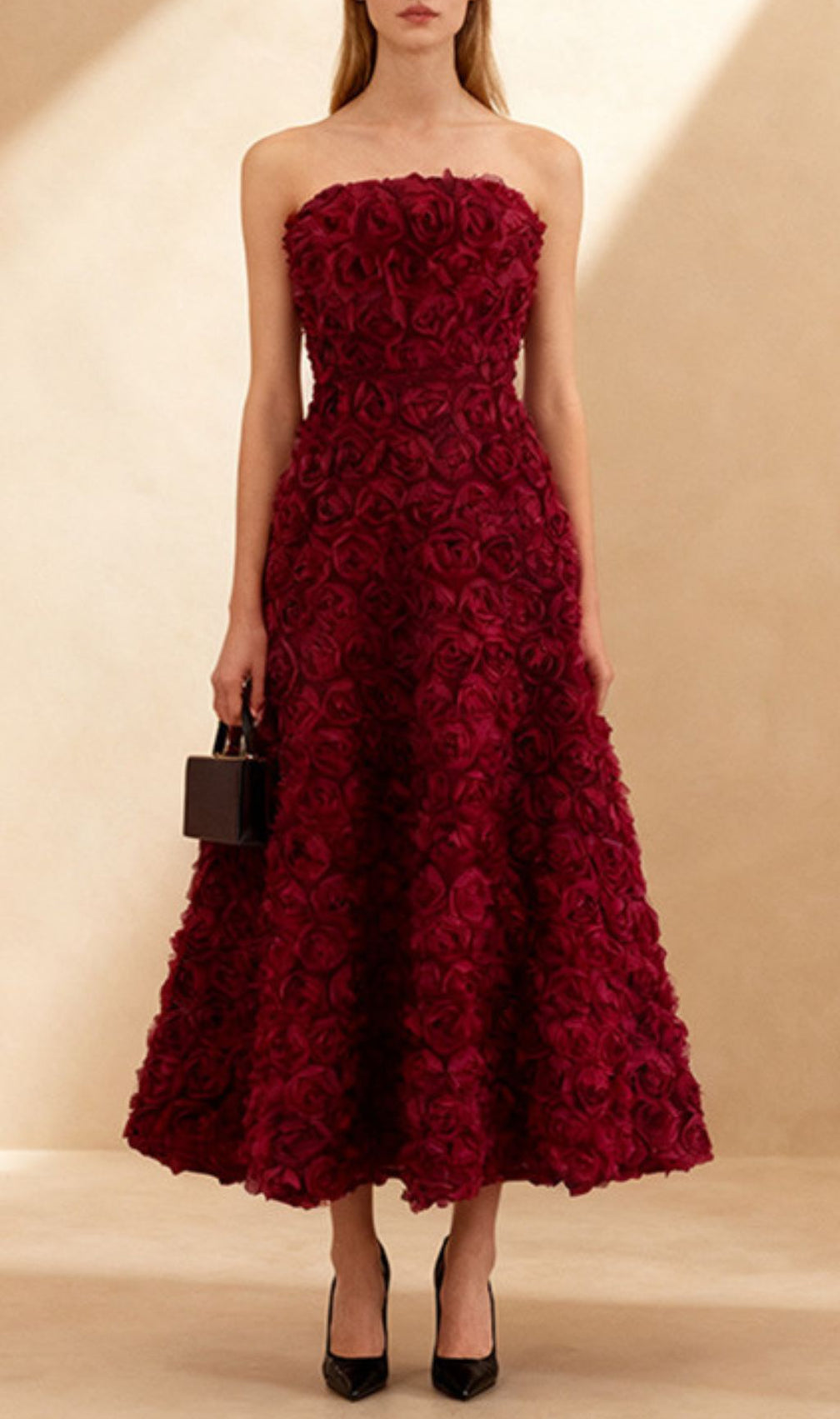 Ikuyo Wine Strapless Rose Midi Dress - Elegant Floral Cocktail & Party Dress