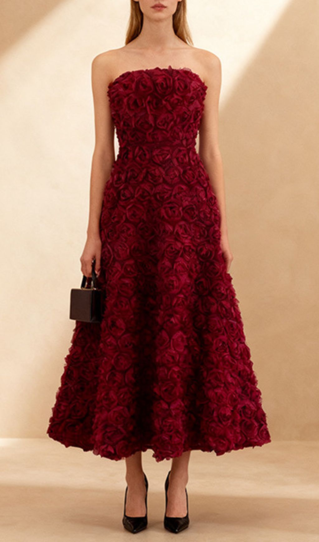 Ikuyo Wine Strapless Rose Midi Dress - Elegant Floral Cocktail & Party Dress