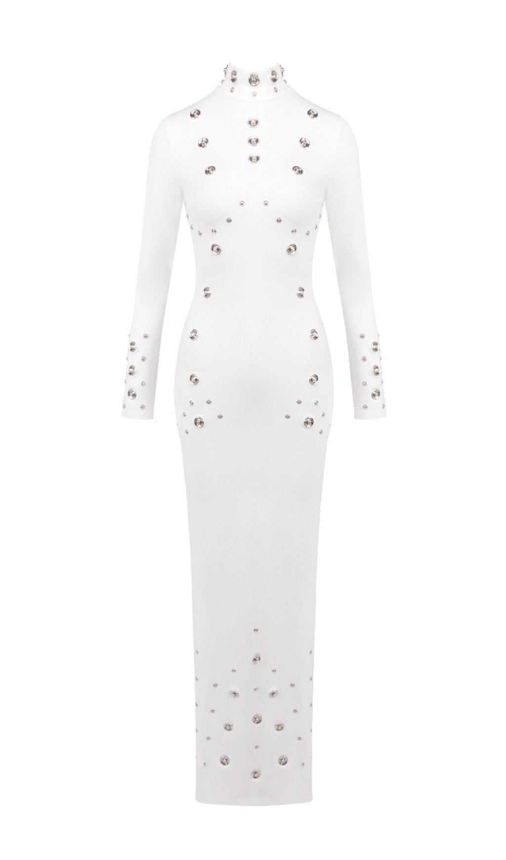Ishana White Embellished Mock Neck Maxi Gown - Long Sleeve Formal Dress