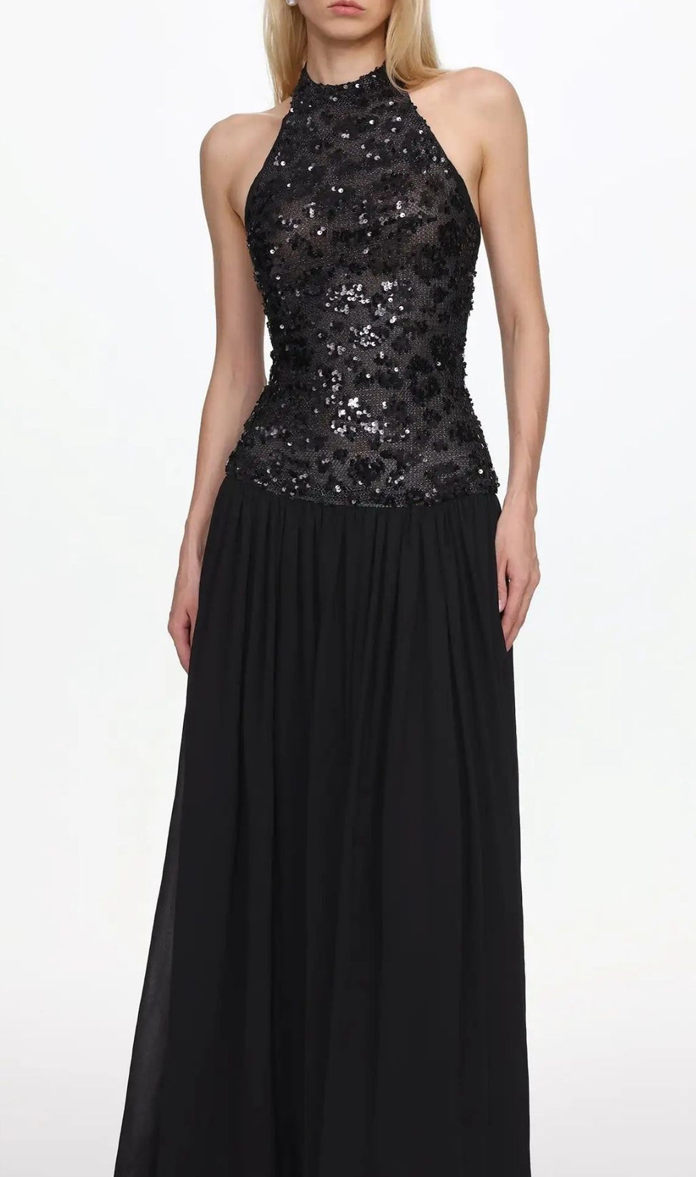 Encho Halter Ruched Mesh Sequin Maxi Dress