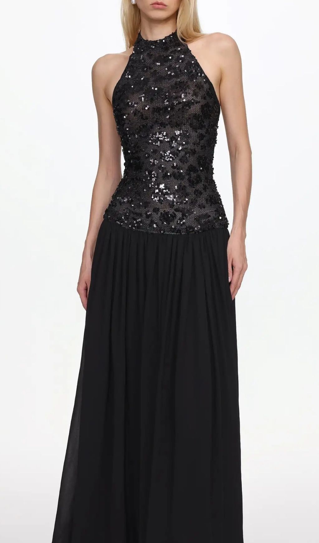 Encho Halter Ruched Mesh Sequin Maxi Dress