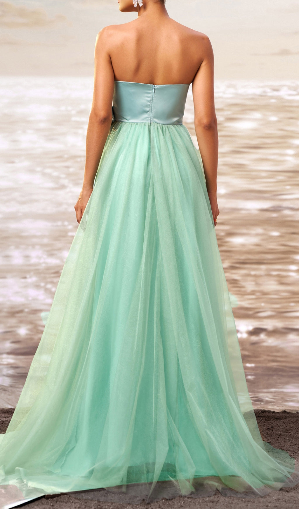 Dafna Mint Strapless Bow Mesh Maxi Dress