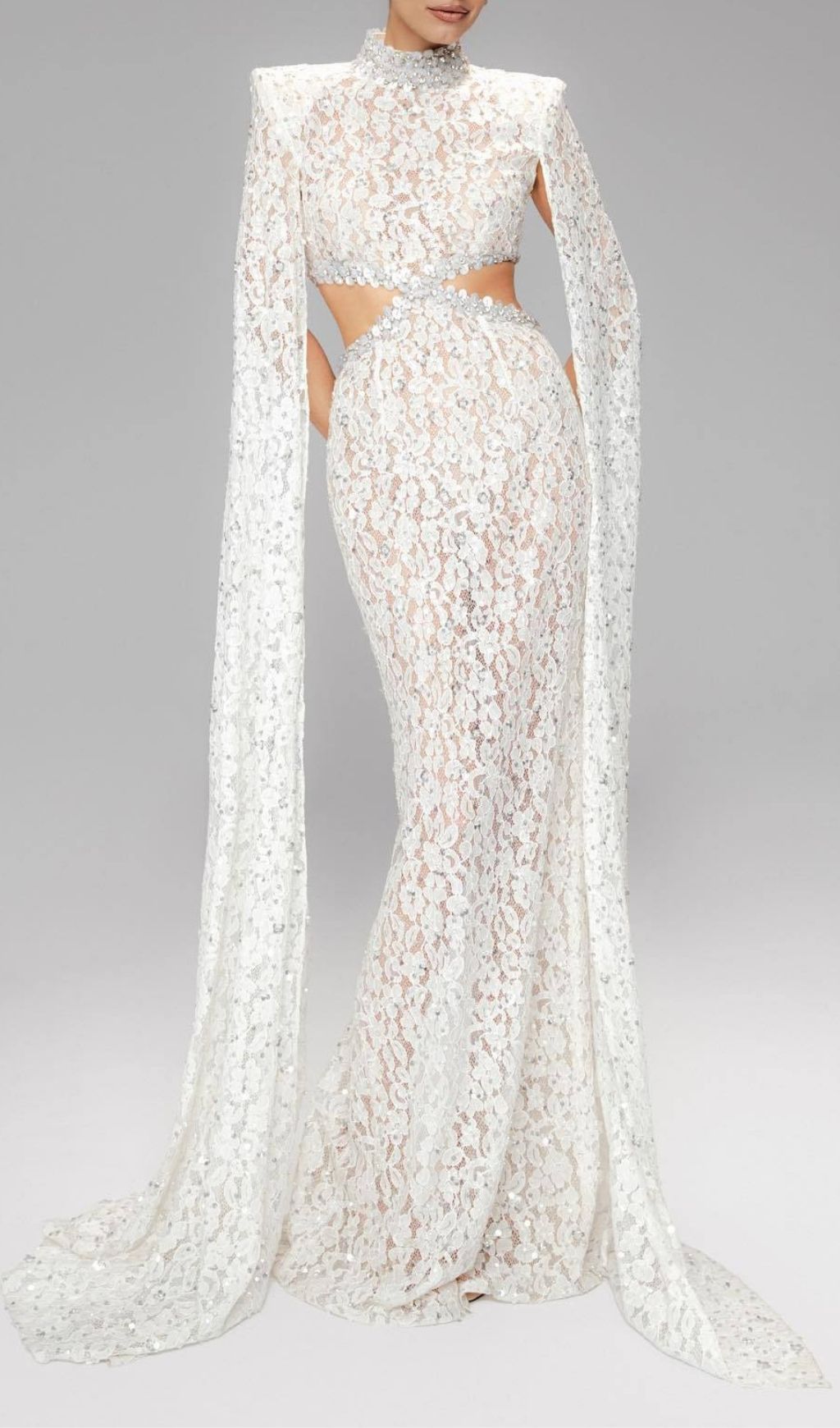 Katoka Glamour White Lace Sequin Cutout Maxi Gown with Flowing Cape Sleeves