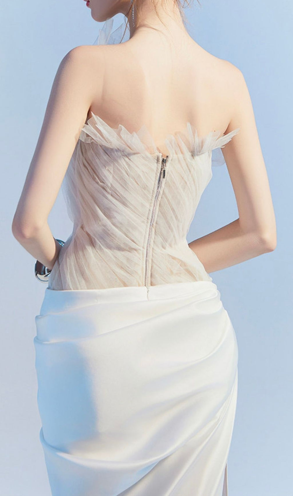 Kamira Ethereal White Mesh Ruched Maxi Gown | Sculpted Glamour Evening Dress