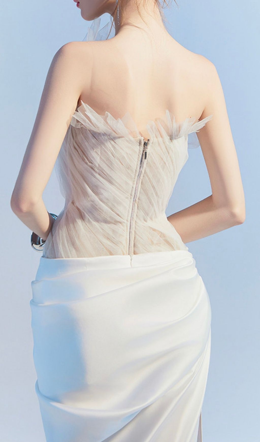 Kamira Ethereal White Mesh Ruched Maxi Gown | Sculpted Glamour Evening Dress