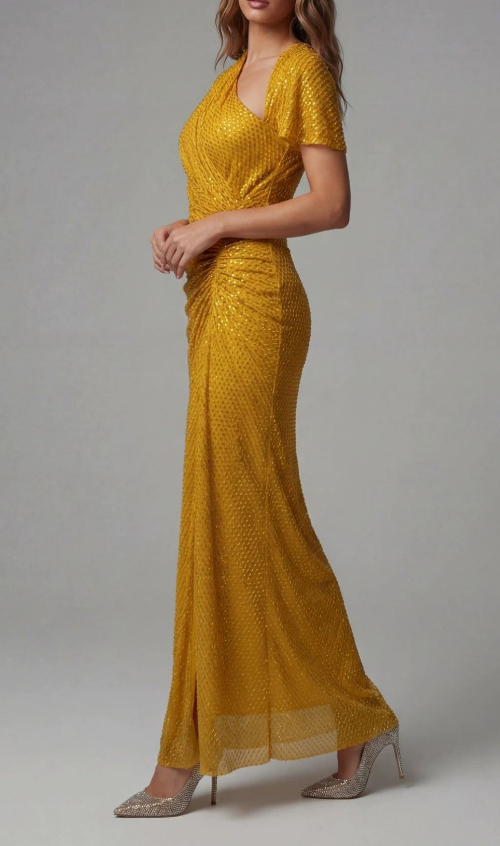 Kennedy Crystal Ruched Maxi Dress: Dazzling Wheat Gown for Unforgettable Evenings