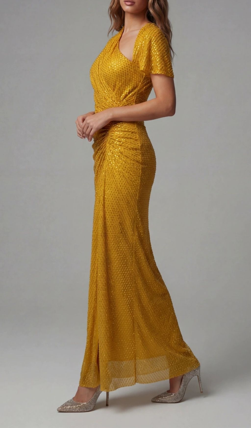 Kennedy Crystal Ruched Maxi Dress: Dazzling Wheat Gown for Unforgettable Evenings