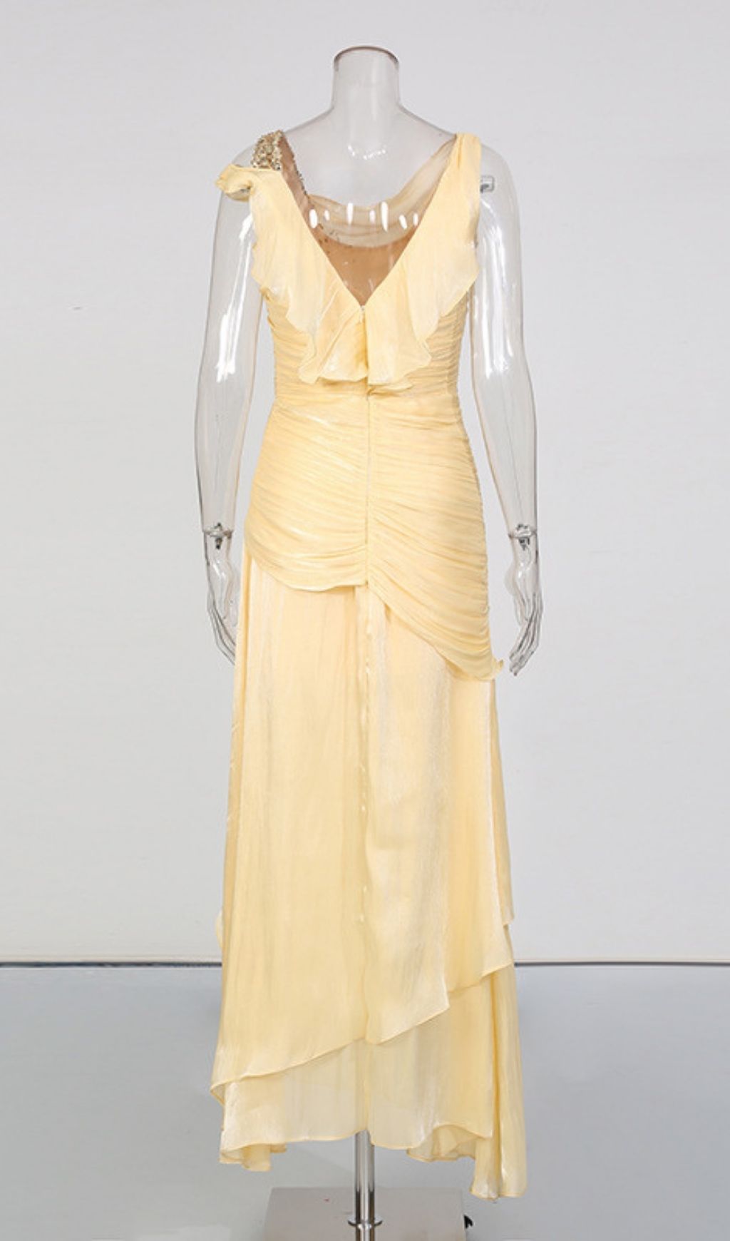 Kazuko Golden Hour Yellow Ruffle Maxi Dress - Elegant Draped Gown