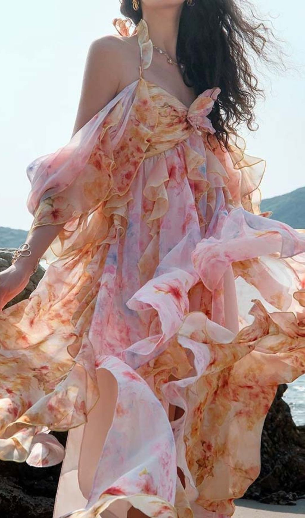Komali Printed Butterfly Ruffle Maxi Dress