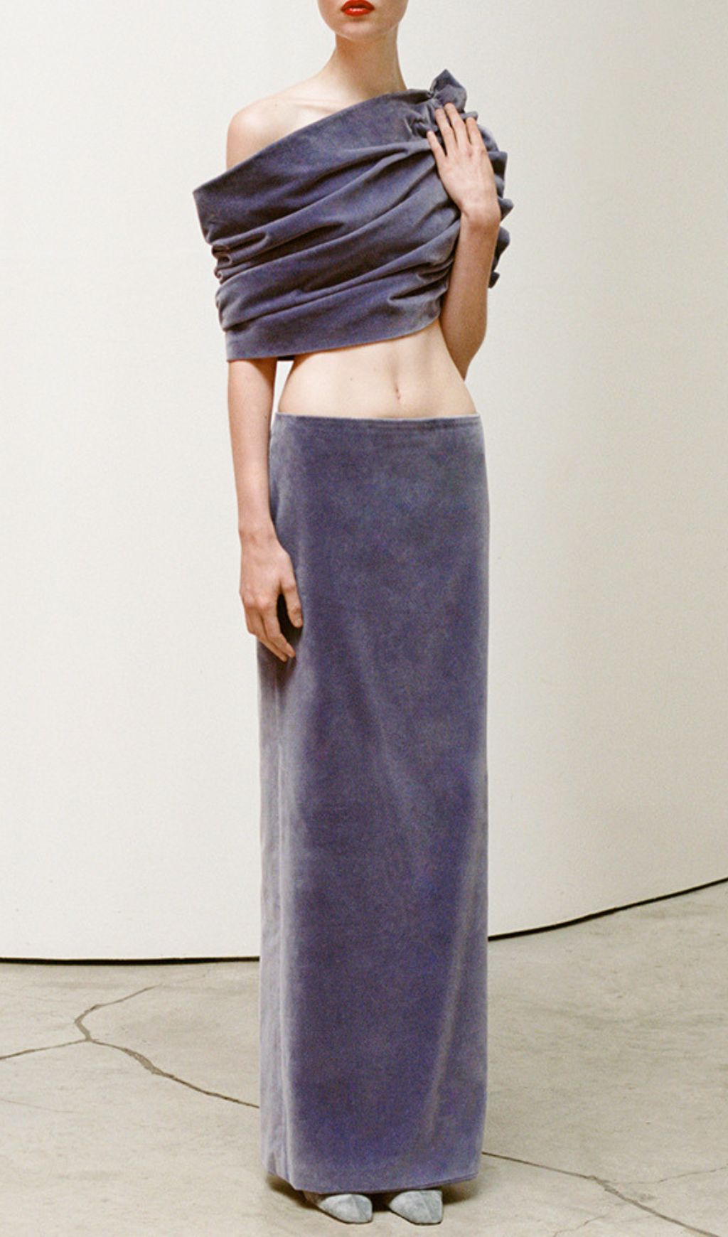 Amethyst Velvet Ruched One-Shoulder Crop Top & Maxi Skirt Set