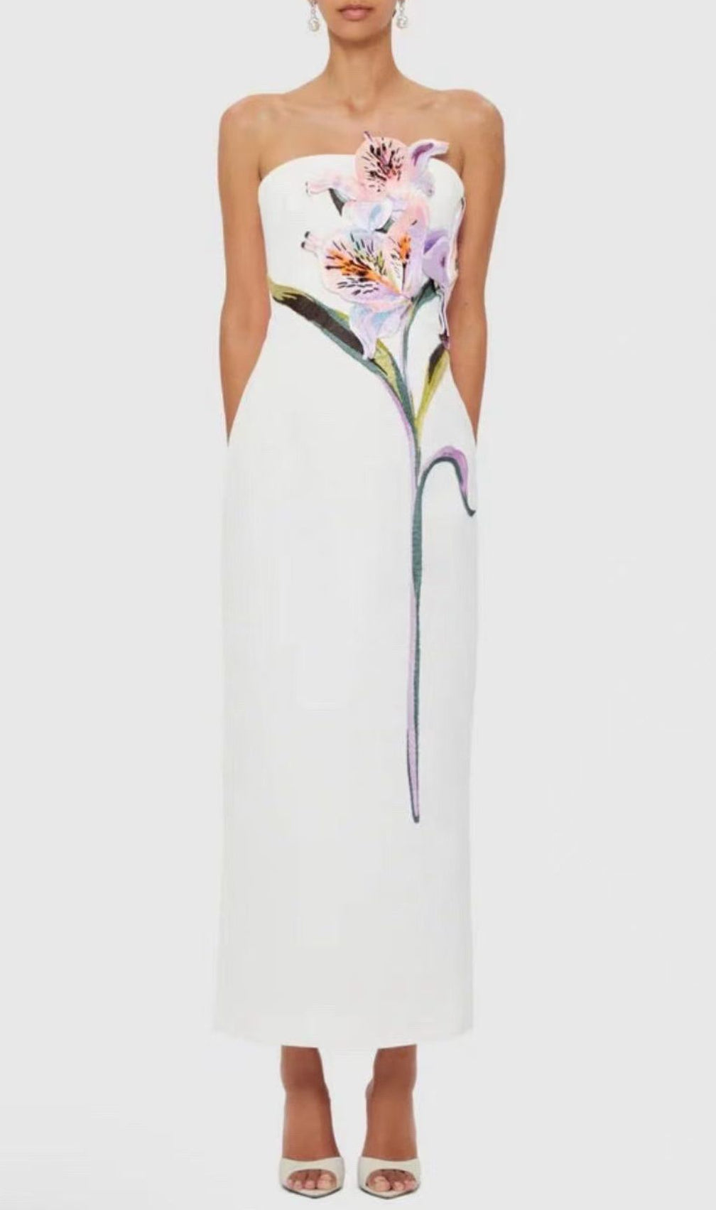 Jeneve Strapless 3D Floral Midi Dress | Elegant Magenta Statement Gown