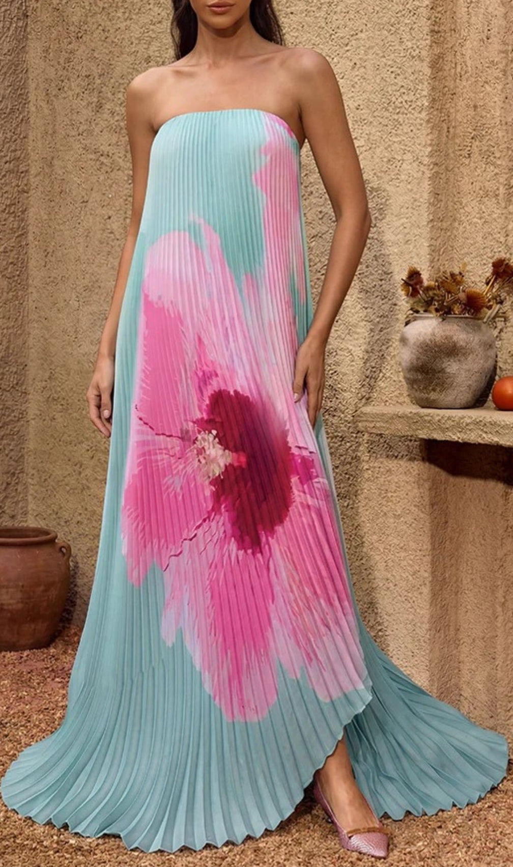 Yexila Summer Bloom Strapless Pleated Maxi Dress - Effortless Floral Elegance