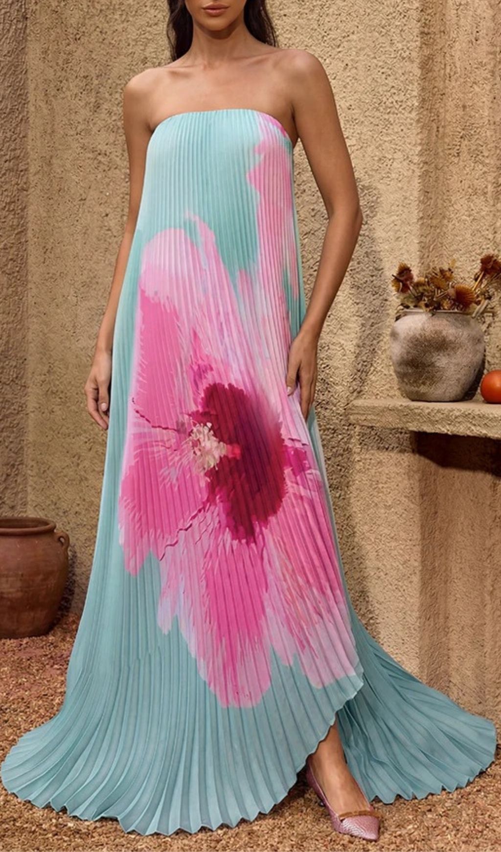 Yexila Summer Bloom Strapless Pleated Maxi Dress - Effortless Floral Elegance