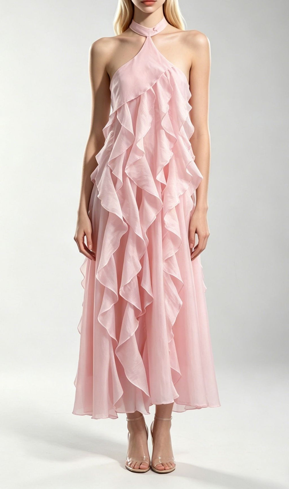 Kora Pink Halter Ruffle Maxi Dress